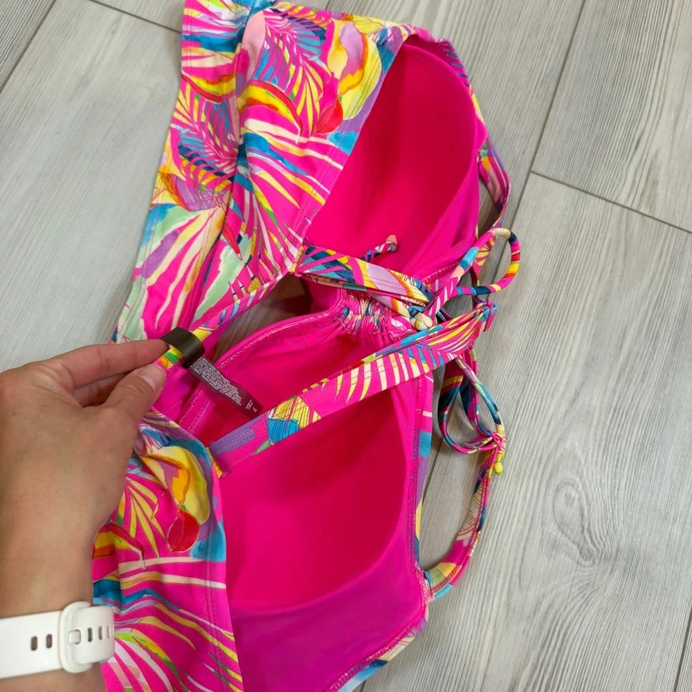 Torrid Tropical Palm Print Lace Up Wireless Bikini Top Pink Multi Size 4